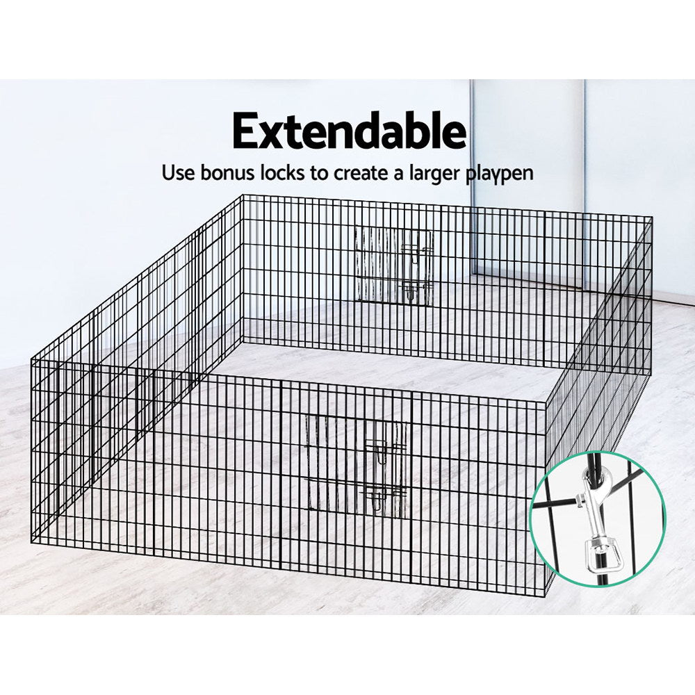 i.Pet 36 inch 8 panel pet dog playpen in black, featuring durable steel frames and a secure lock system for safety.