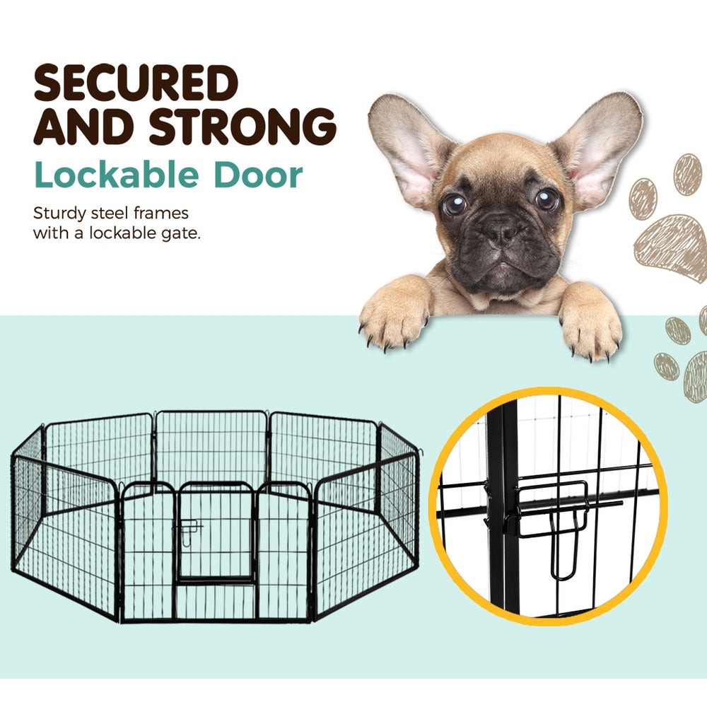 i.Pet 8 Panel Pet Dog Playpen made of strong powder-coated steel, featuring a lockable gate and rounded edges for safety.