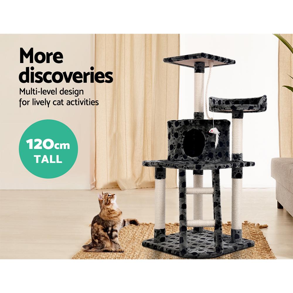 i.Pet Cat Tree 120cm featuring multiple levels, scratching posts, and plush surfaces for cats to play and relax.