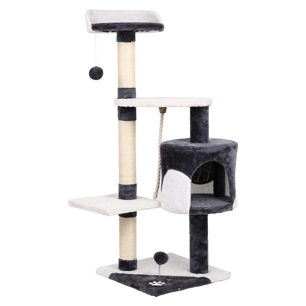 i.Pet Cat Tree 112cm tall with plush covering and sisal scratching posts, featuring multiple levels, a bed cube, and hanging toys for cats.