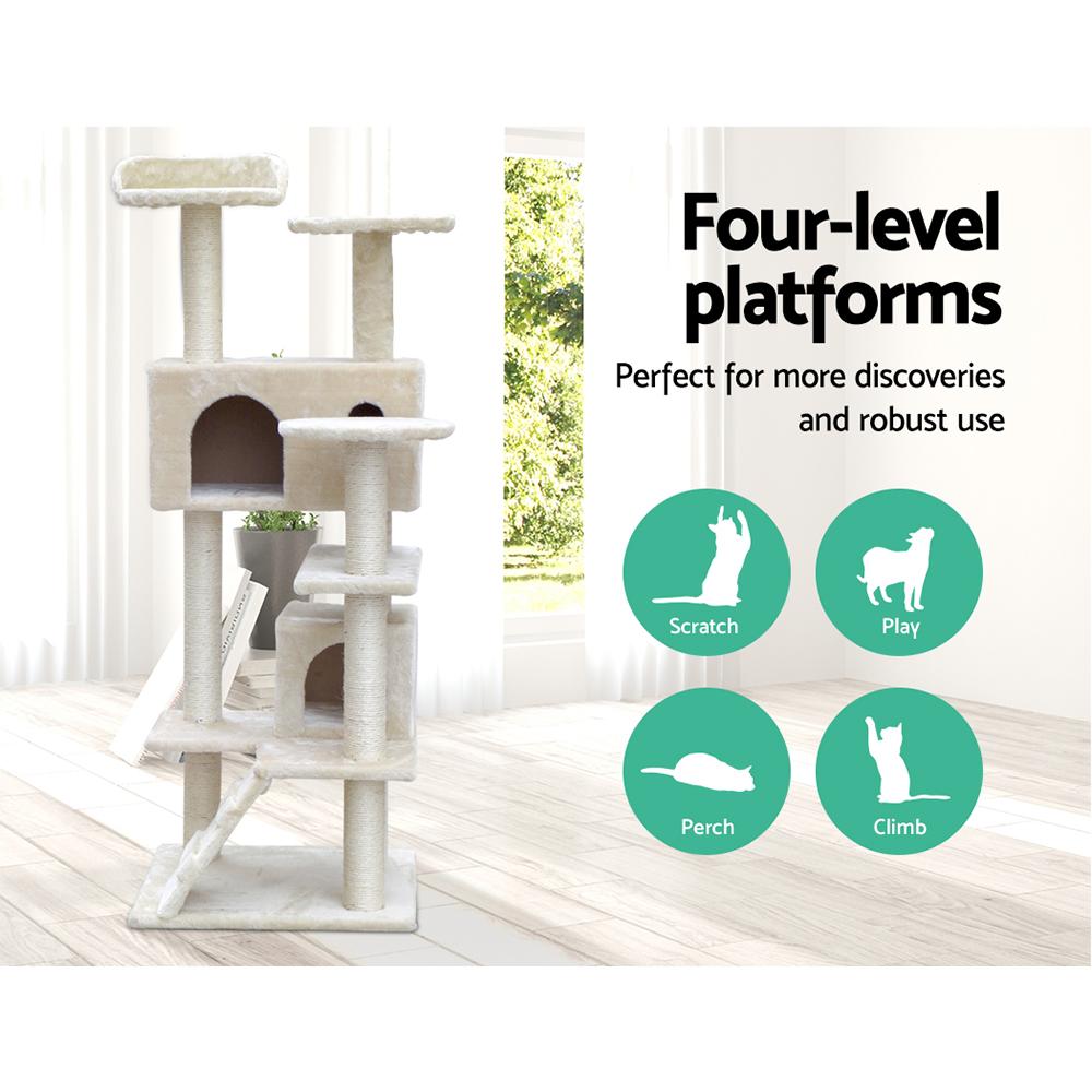 i.Pet Cat Tree 134cm tall with scratching posts, plush cover, and multi-level design for cats to play and relax.