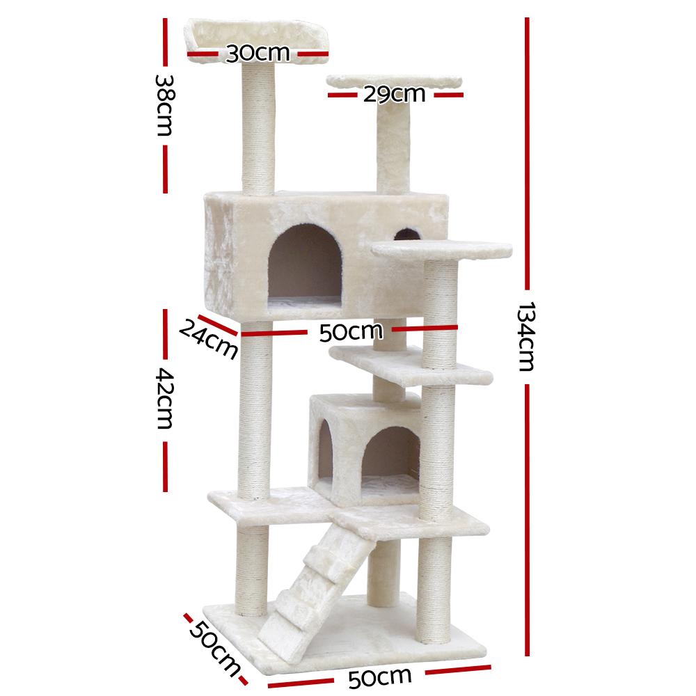 i.Pet Cat Tree 134cm tall with scratching posts, plush cover, and multi-level design for cats to play and relax.