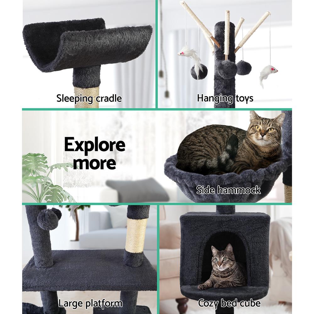 i.Pet Cat Tree 140cm featuring multiple levels, plush covering, and sisal scratching posts, designed for cat play and relaxation.