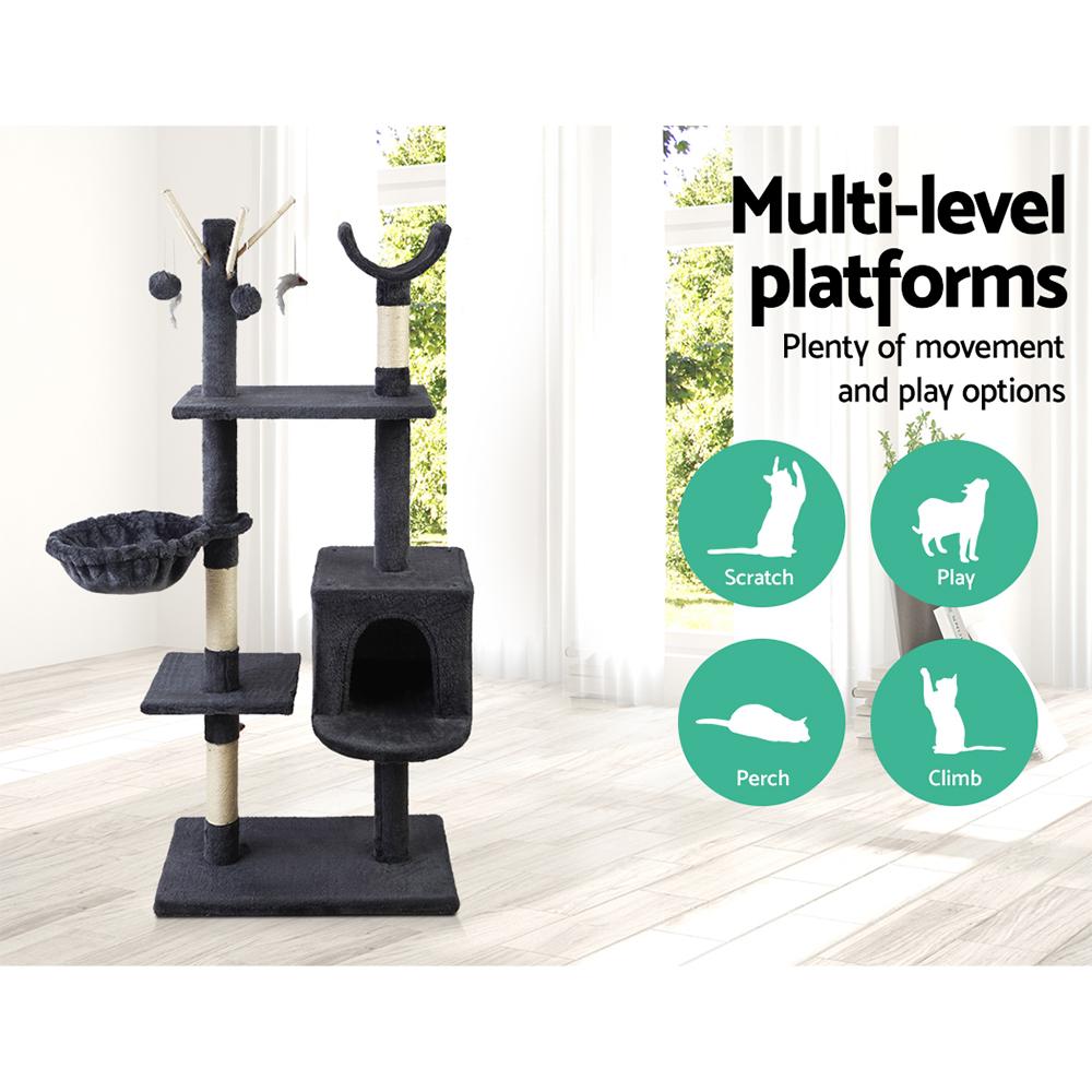 i.Pet Cat Tree 140cm featuring multiple levels, plush covering, and sisal scratching posts, designed for cat play and relaxation.