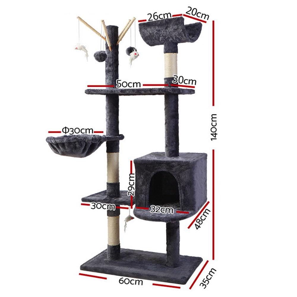 i.Pet Cat Tree 140cm featuring multiple levels, plush covering, and sisal scratching posts, designed for cat play and relaxation.