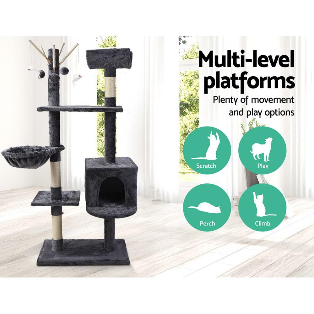 i.Pet Cat Tree 140cm featuring multiple levels, plush covering, and sisal scratching posts, designed for cat play and relaxation.