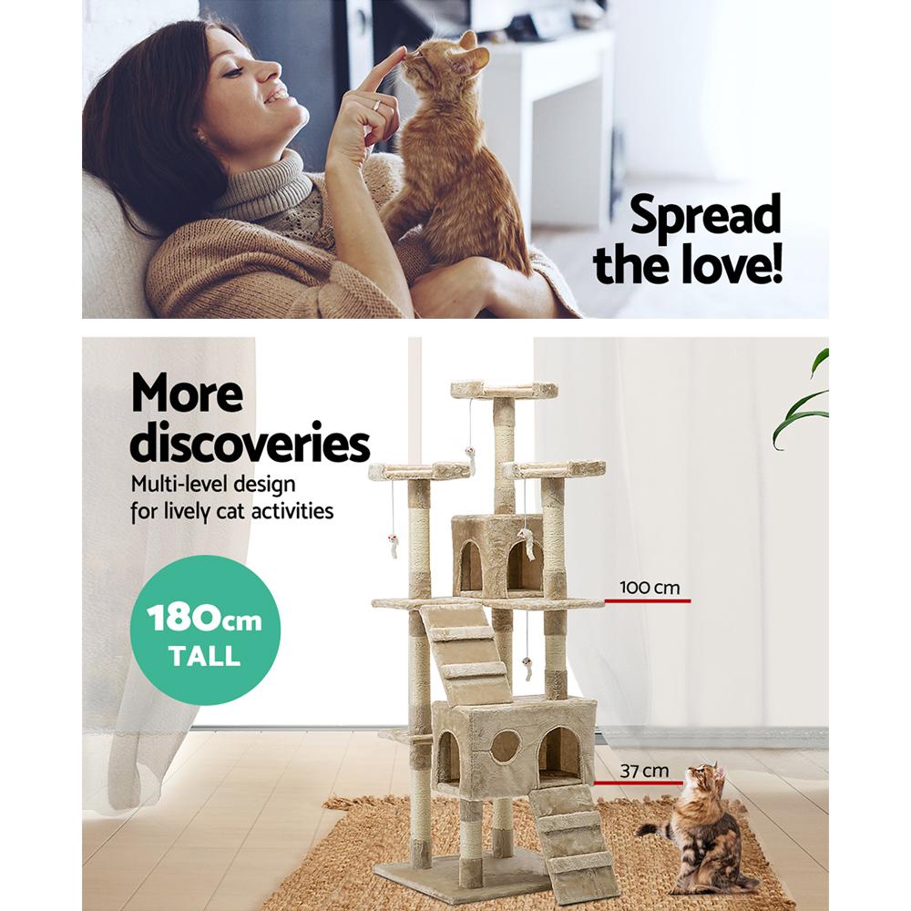 i.Pet Cat Tree 180cm featuring multiple levels, scratching posts, and plush upholstery, designed for cat play and relaxation.