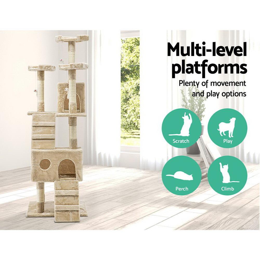 i.Pet Cat Tree 180cm featuring multiple levels, scratching posts, and plush upholstery, designed for cat play and relaxation.