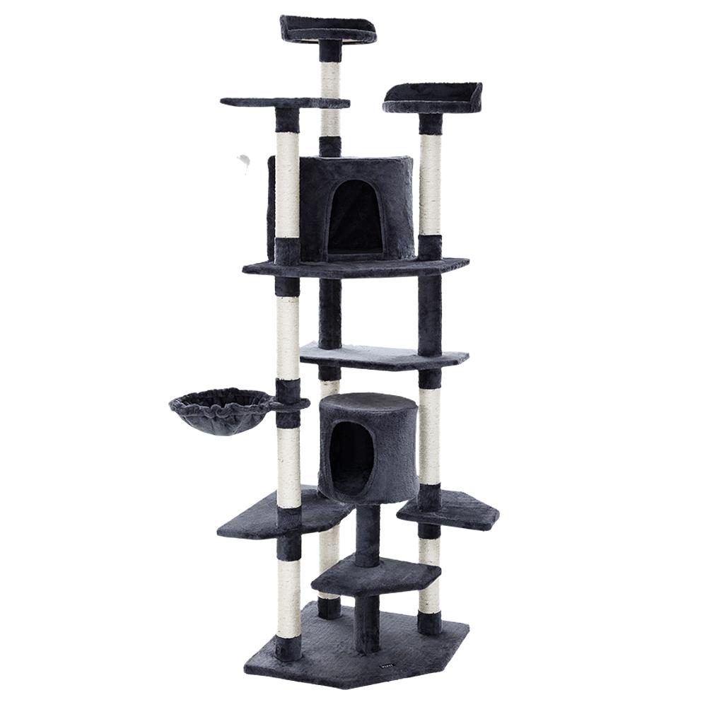i.Pet Cat Tree 203cm tall with plush cover and sisal scratching posts, featuring multiple levels and a hanging mouse toy.