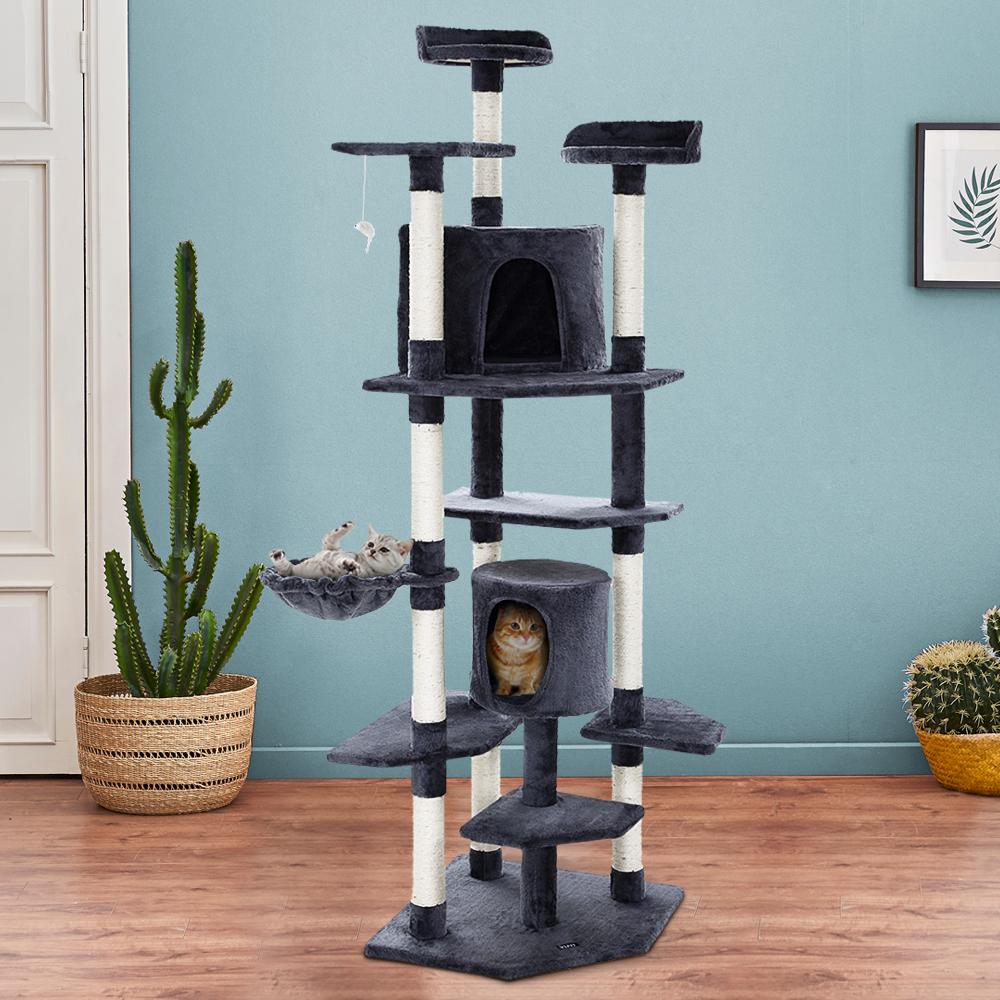 i.Pet Cat Tree 203cm tall with plush cover and sisal scratching posts, featuring multiple levels and a hanging mouse toy.