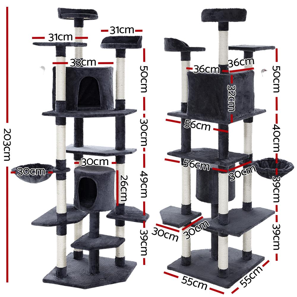 i.Pet Cat Tree 203cm tall with plush cover and sisal scratching posts, featuring multiple levels and a hanging mouse toy.