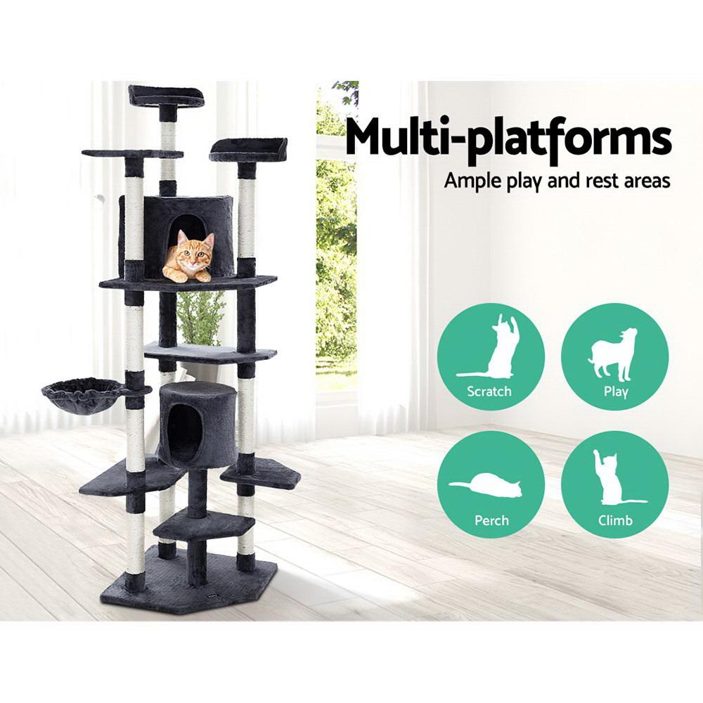 i.Pet Cat Tree 203cm tall with plush cover and sisal scratching posts, featuring multiple levels and a hanging mouse toy.