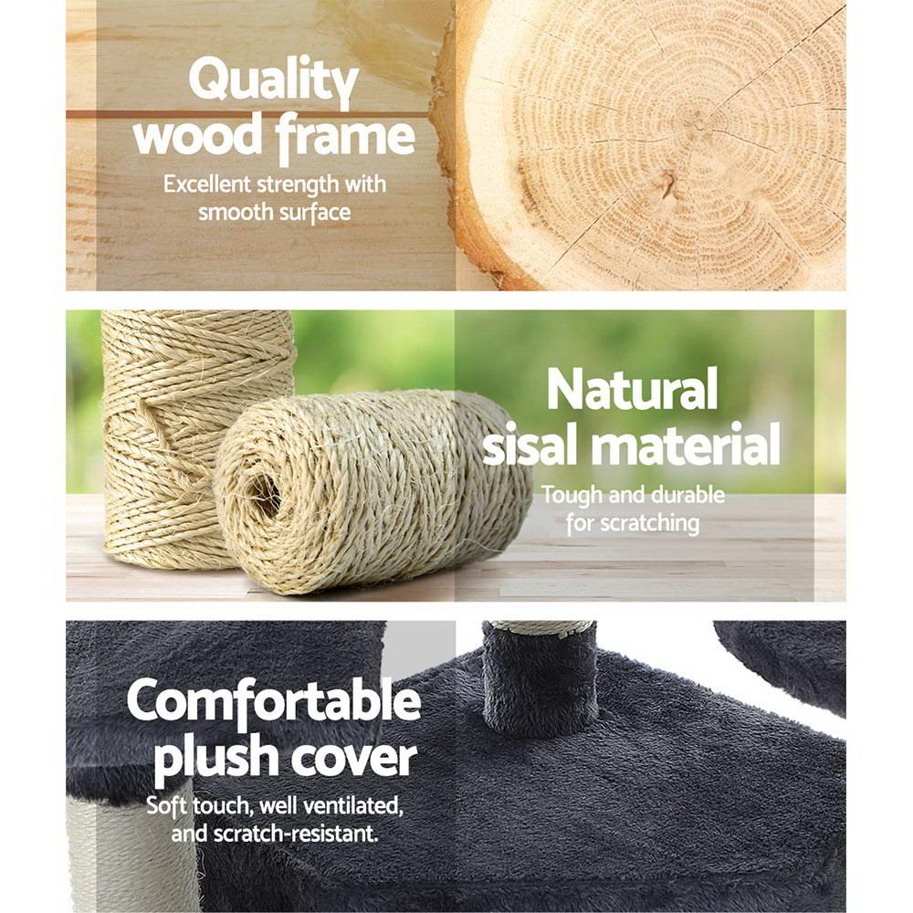 i.Pet Cat Tree 203cm tall with plush cover and sisal scratching posts, featuring multiple levels and a hanging mouse toy.