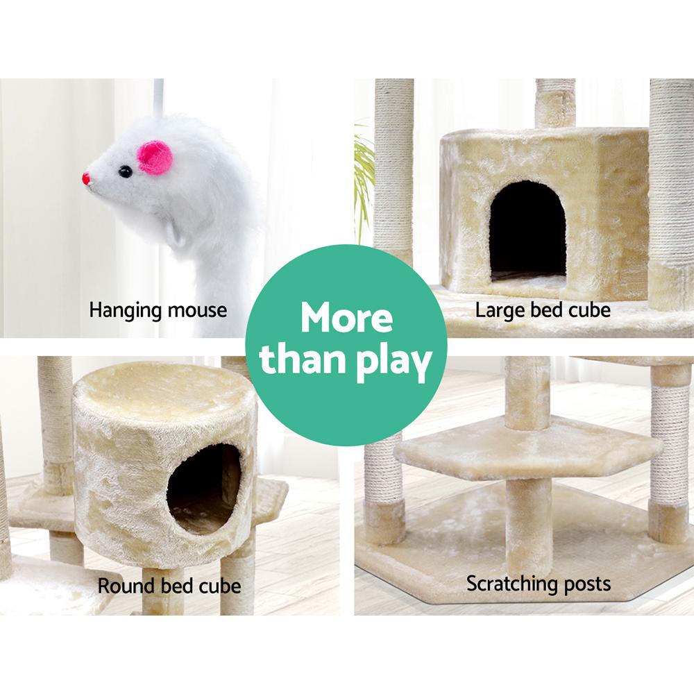 i.Pet Cat Tree 203cm tall with multiple levels, sisal scratching posts, and plush upholstery, featuring a hanging mouse toy.