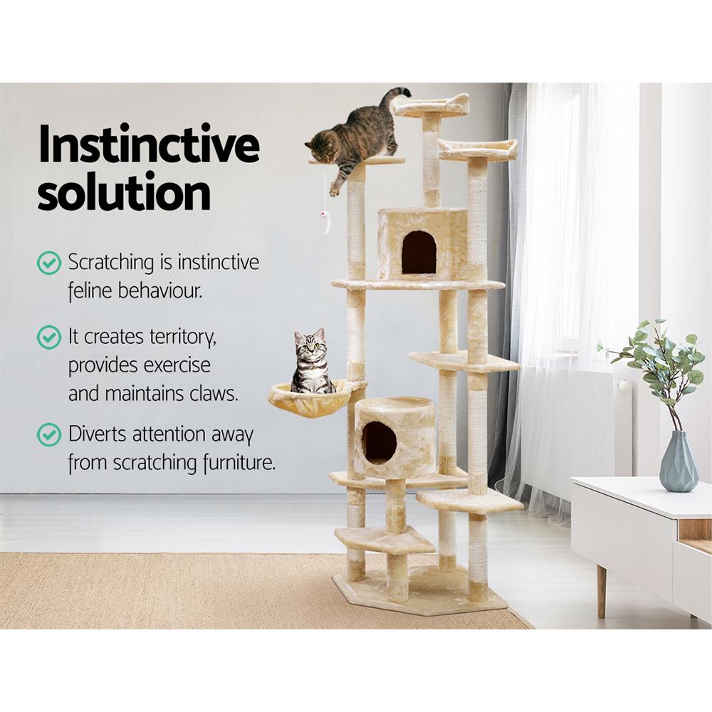 i.Pet Cat Tree 203cm tall with multiple levels, sisal scratching posts, and plush upholstery, featuring a hanging mouse toy.