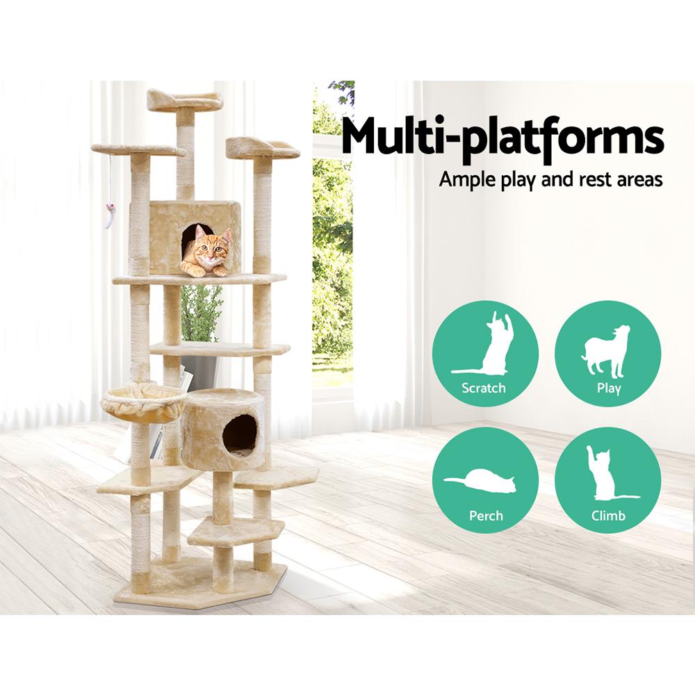 i.Pet Cat Tree 203cm tall with multiple levels, sisal scratching posts, and plush upholstery, featuring a hanging mouse toy.