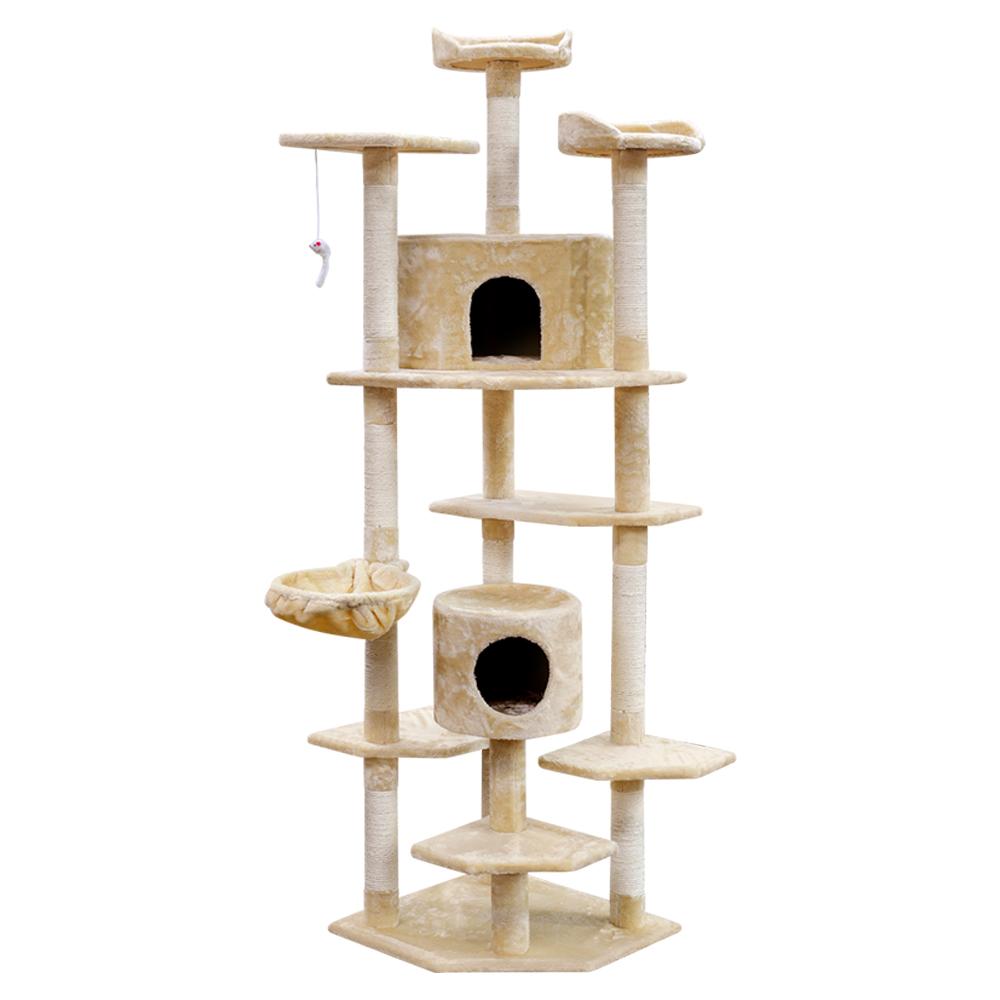 i.Pet Cat Tree 203cm tall with multiple levels, sisal scratching posts, and plush upholstery, featuring a hanging mouse toy.