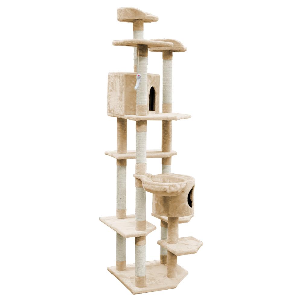 i.Pet Cat Tree 203cm tall with multiple levels, sisal scratching posts, and plush upholstery, featuring a hanging mouse toy.