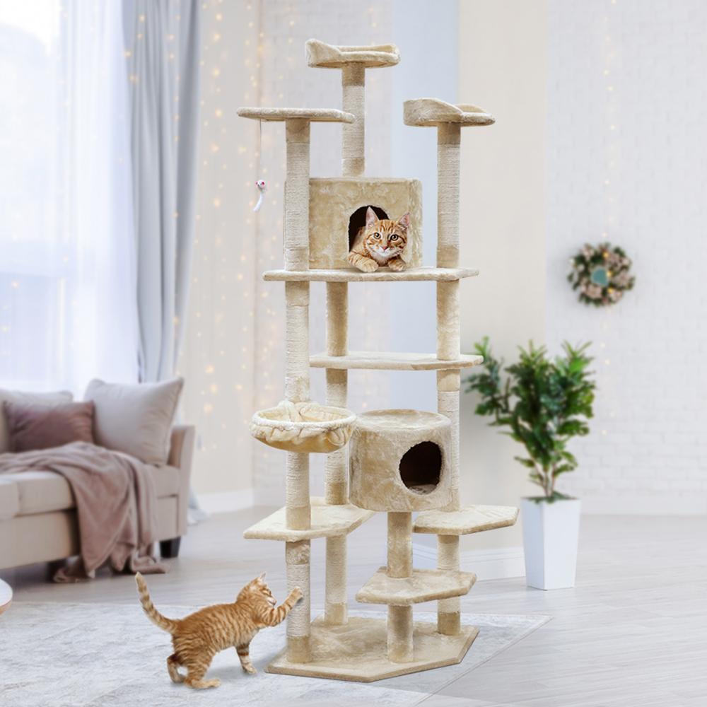 i.Pet Cat Tree 203cm tall with multiple levels, sisal scratching posts, and plush upholstery, featuring a hanging mouse toy.
