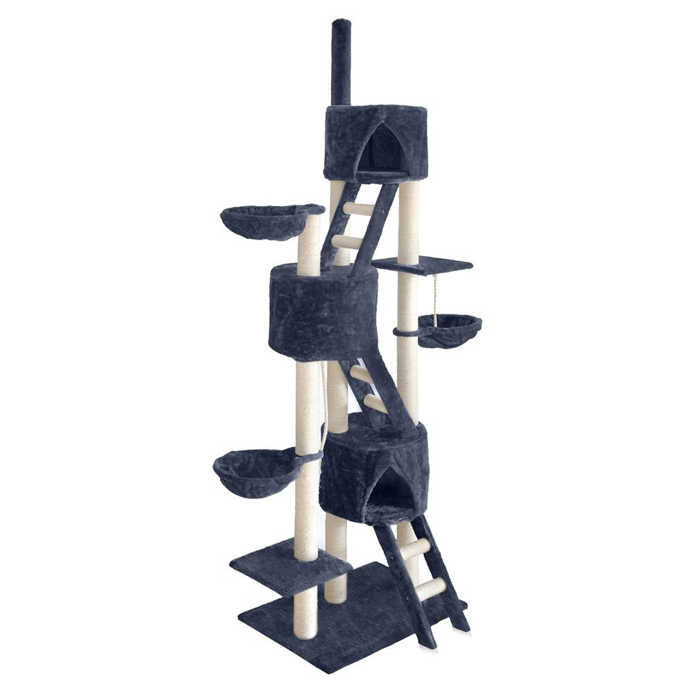 A tall 244cm i.Pet Cat Tree featuring multiple levels, sisal scratching posts, plush surfaces, and hanging toys, perfect for feline play and relaxation.