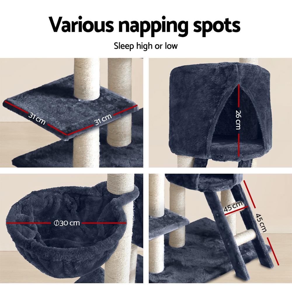 A tall 244cm i.Pet Cat Tree featuring multiple levels, sisal scratching posts, plush surfaces, and hanging toys, perfect for feline play and relaxation.