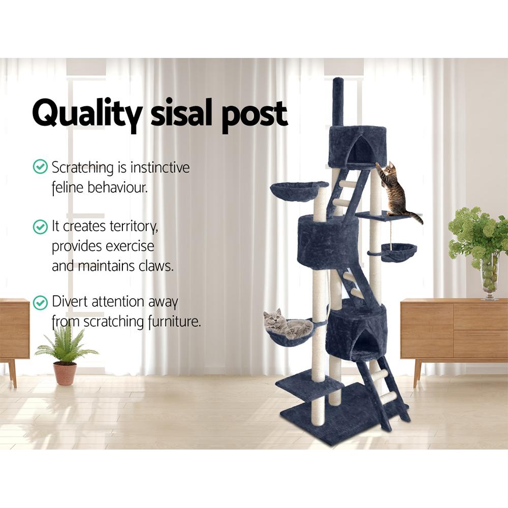 A tall 244cm i.Pet Cat Tree featuring multiple levels, sisal scratching posts, plush surfaces, and hanging toys, perfect for feline play and relaxation.