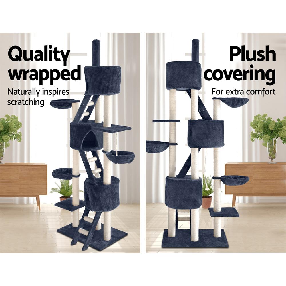 A tall 244cm i.Pet Cat Tree featuring multiple levels, sisal scratching posts, plush surfaces, and hanging toys, perfect for feline play and relaxation.