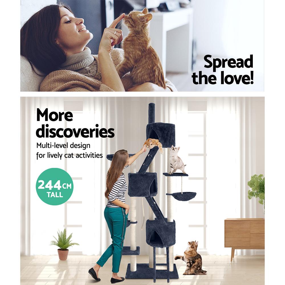 A tall 244cm i.Pet Cat Tree featuring multiple levels, sisal scratching posts, plush surfaces, and hanging toys, perfect for feline play and relaxation.