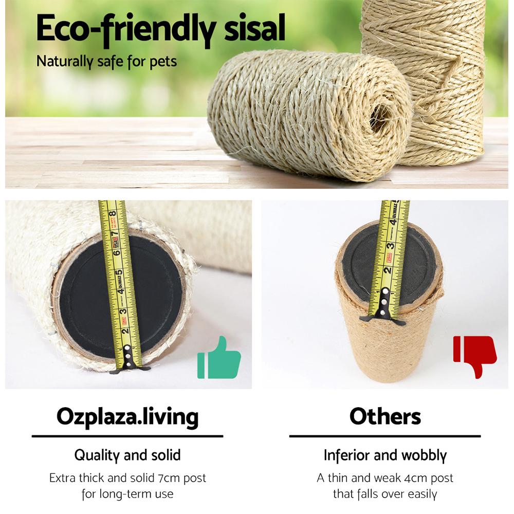 A tall 244cm i.Pet Cat Tree featuring multiple levels, sisal scratching posts, plush surfaces, and hanging toys, perfect for feline play and relaxation.