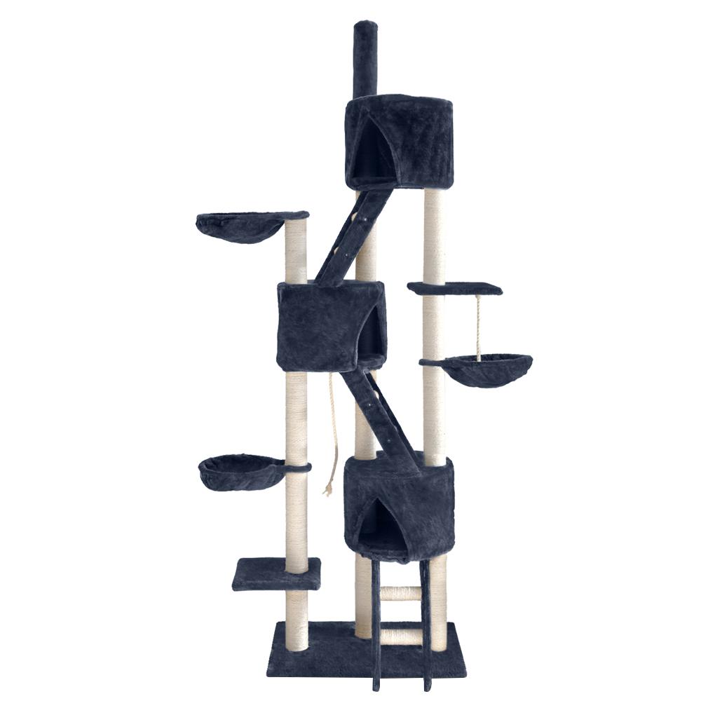 A tall 244cm i.Pet Cat Tree featuring multiple levels, sisal scratching posts, plush surfaces, and hanging toys, perfect for feline play and relaxation.