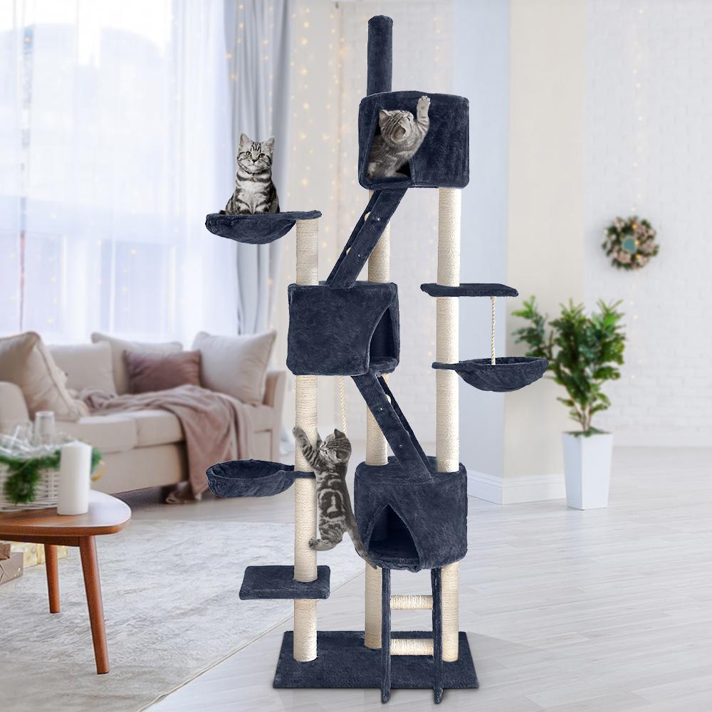 A tall 244cm i.Pet Cat Tree featuring multiple levels, sisal scratching posts, plush surfaces, and hanging toys, perfect for feline play and relaxation.