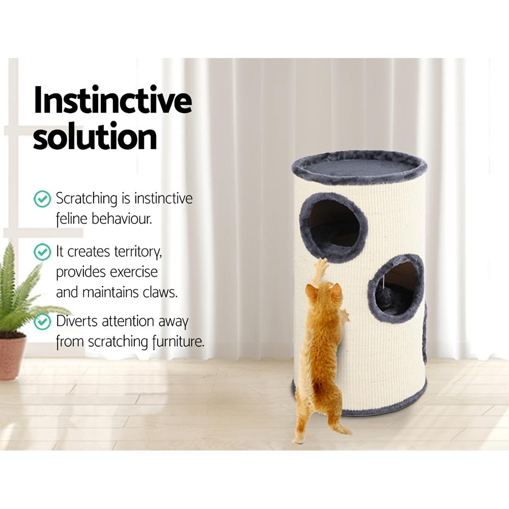 i.Pet Cat Tree 70cm tall with scratching post, plush cover, and multiple hideout spots for cats.
