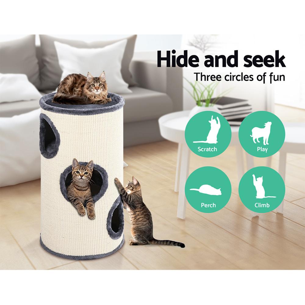 i.Pet Cat Tree 70cm tall with scratching post, plush cover, and multiple hideout spots for cats.