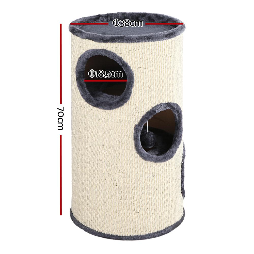 i.Pet Cat Tree 70cm tall with scratching post, plush cover, and multiple hideout spots for cats.