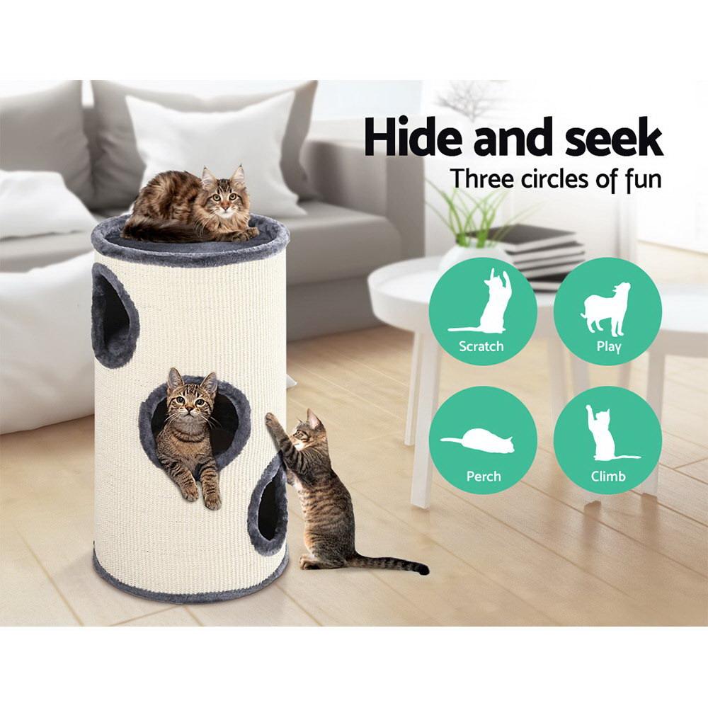 i.Pet Cat Tree 70cm tall with scratching post, plush cover, and multiple hideout spots for cats.