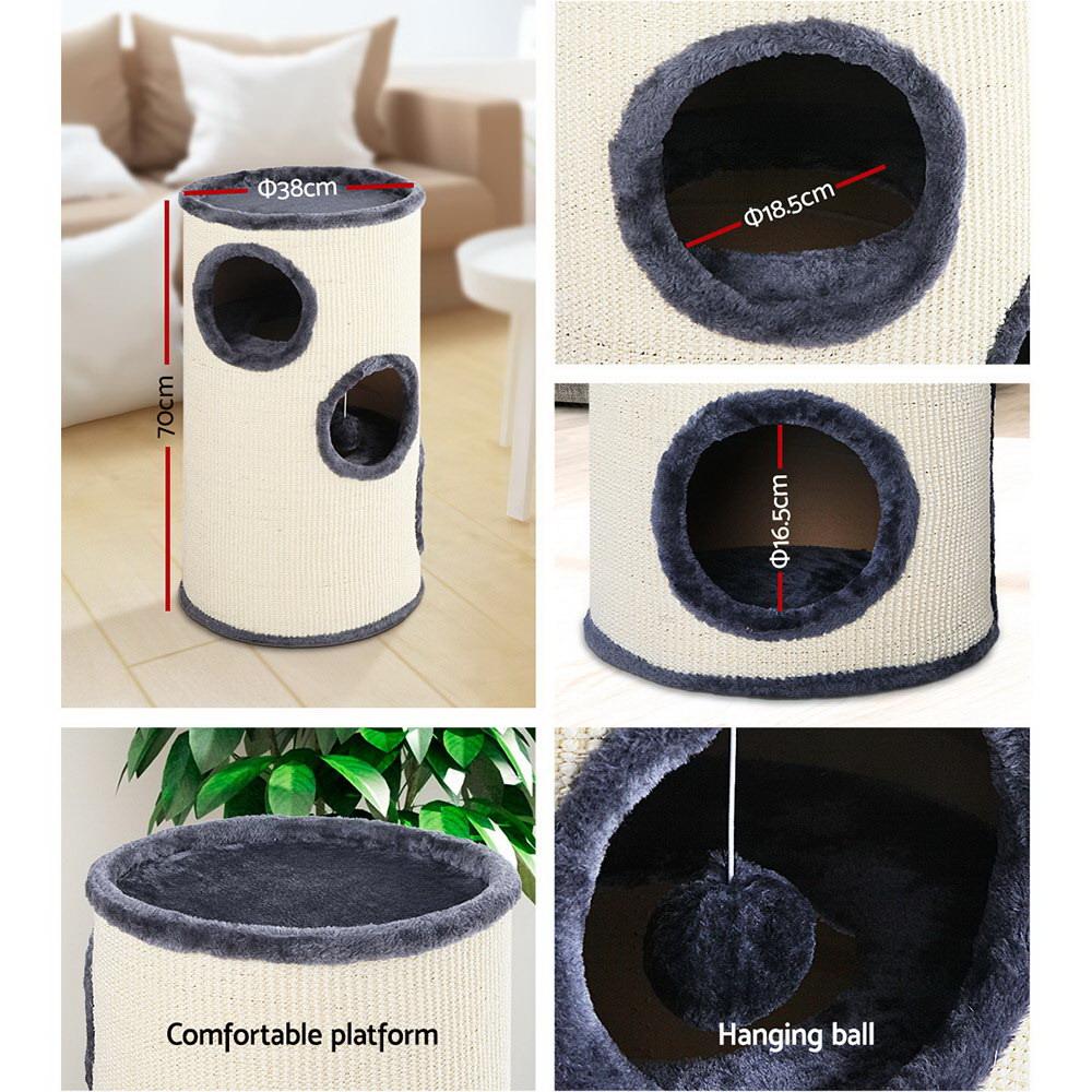 i.Pet Cat Tree 70cm tall with scratching post, plush cover, and multiple hideout spots for cats.
