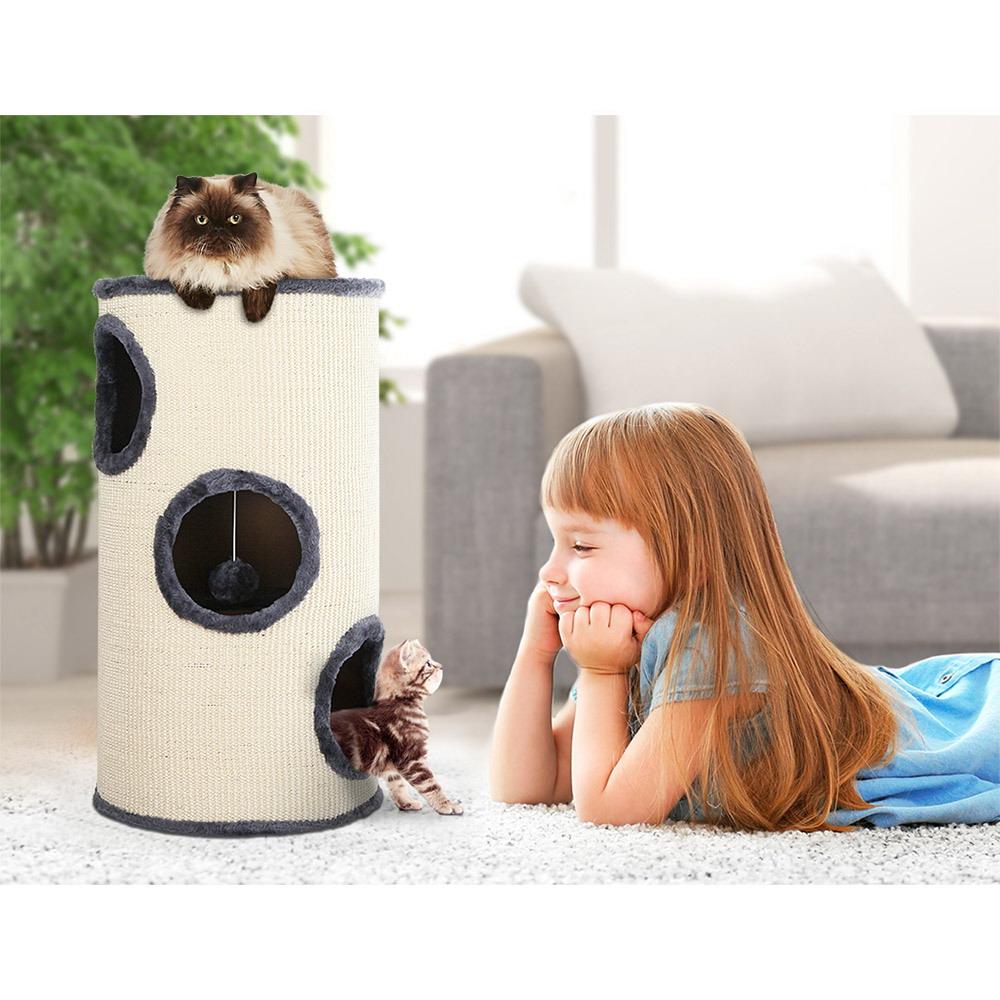 i.Pet Cat Tree 70cm tall with scratching post, plush cover, and multiple hideout spots for cats.