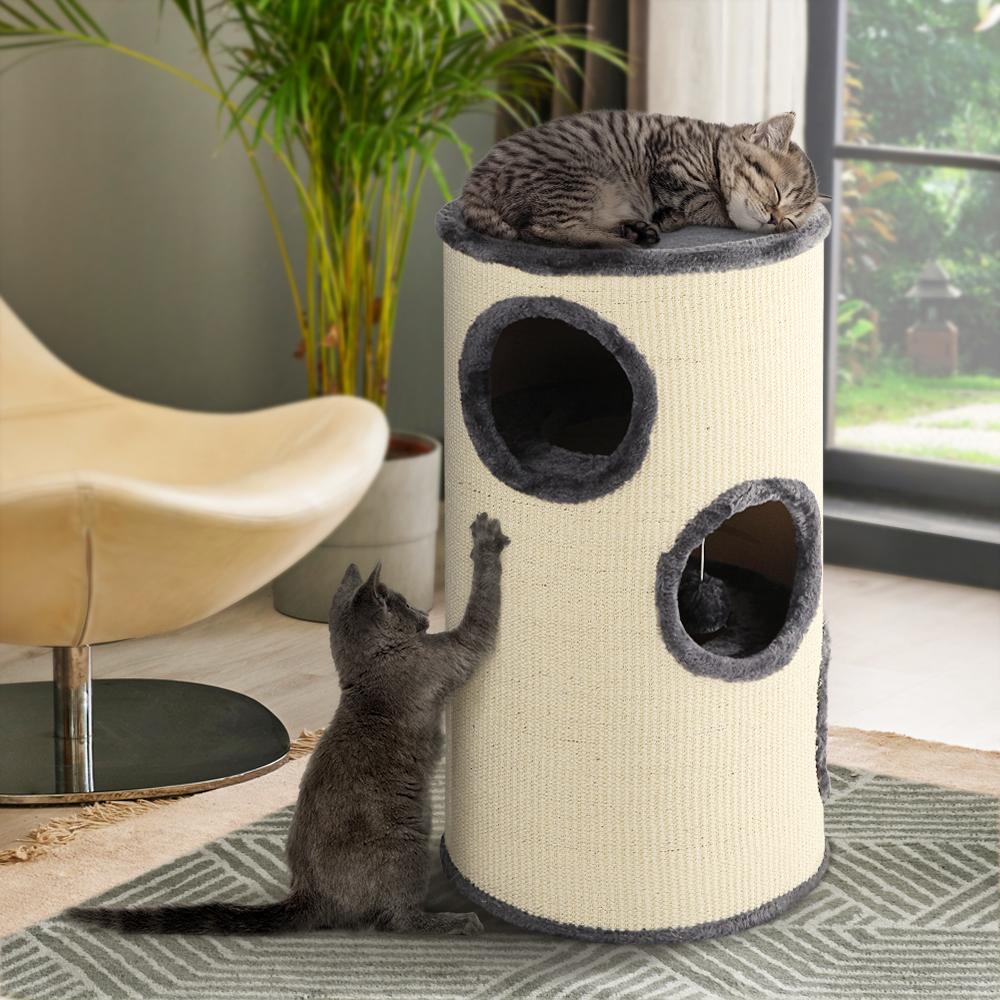 i.Pet Cat Tree 70cm tall with scratching post, plush cover, and multiple hideout spots for cats.