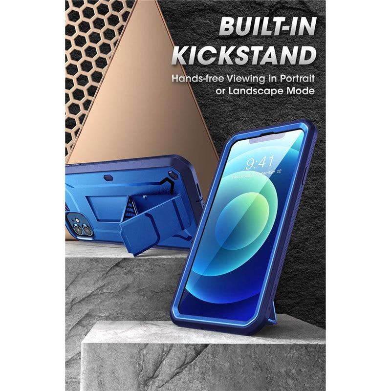 iPhone 12 and 12 Pro UB Pro Full-Body Rugged Holster Case with built-in screen protector and kickstand in various colors.