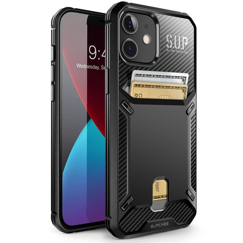 UB Vault Slim Case for iPhone 12 and 12 Pro, featuring a built-in card holder in a sleek black design.