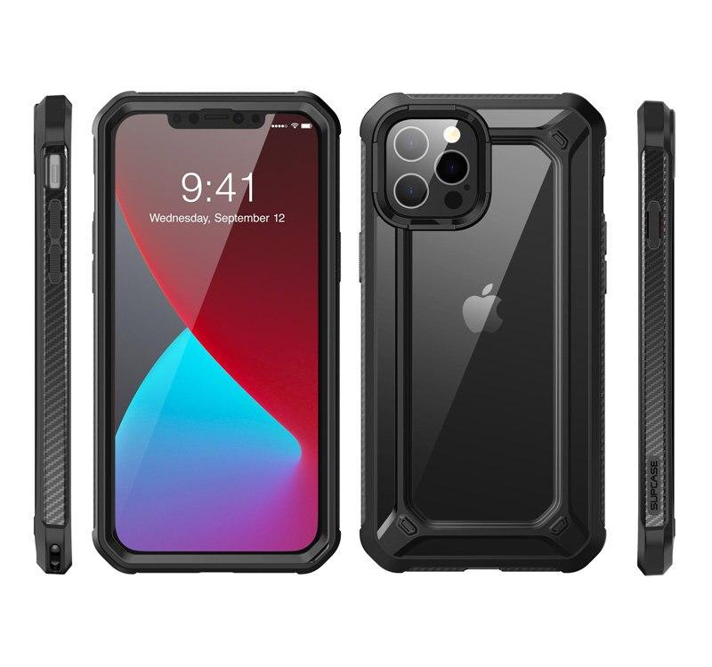 UB EXO Pro Hybrid Clear Case for iPhone 12 Pro Max, showcasing its clear bumper design and built-in screen protector.