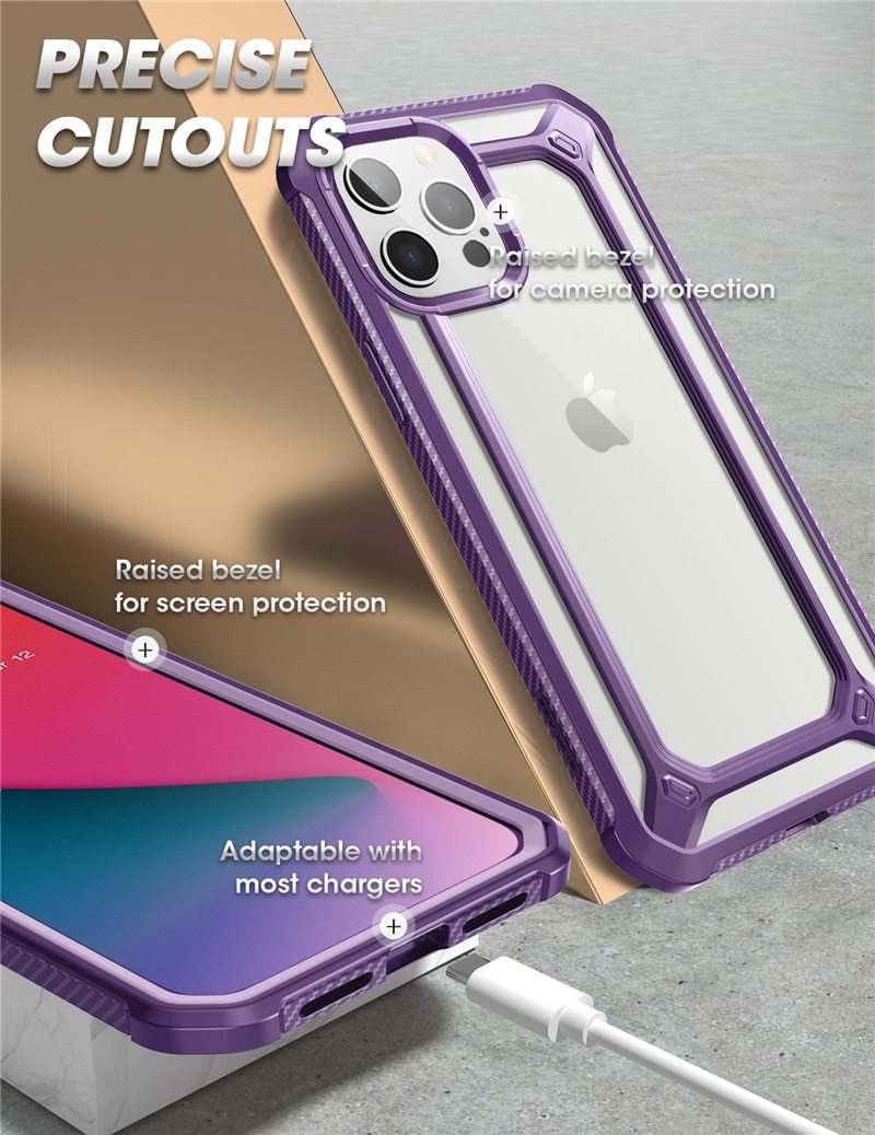 UB EXO Pro Hybrid Clear Case for iPhone 12 Pro Max, showcasing its clear bumper design and built-in screen protector.