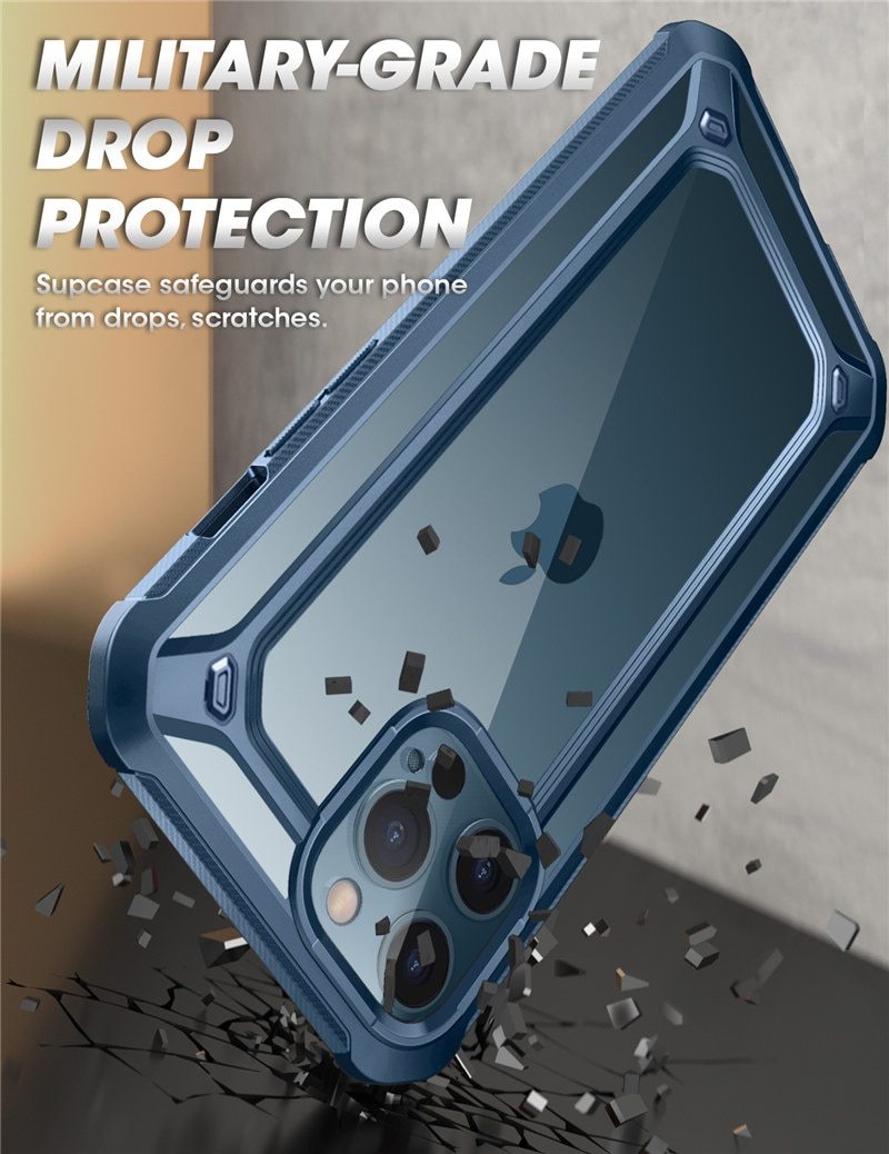 UB EXO Pro Hybrid Clear Case for iPhone 12 Pro Max, showcasing its clear bumper design and built-in screen protector.