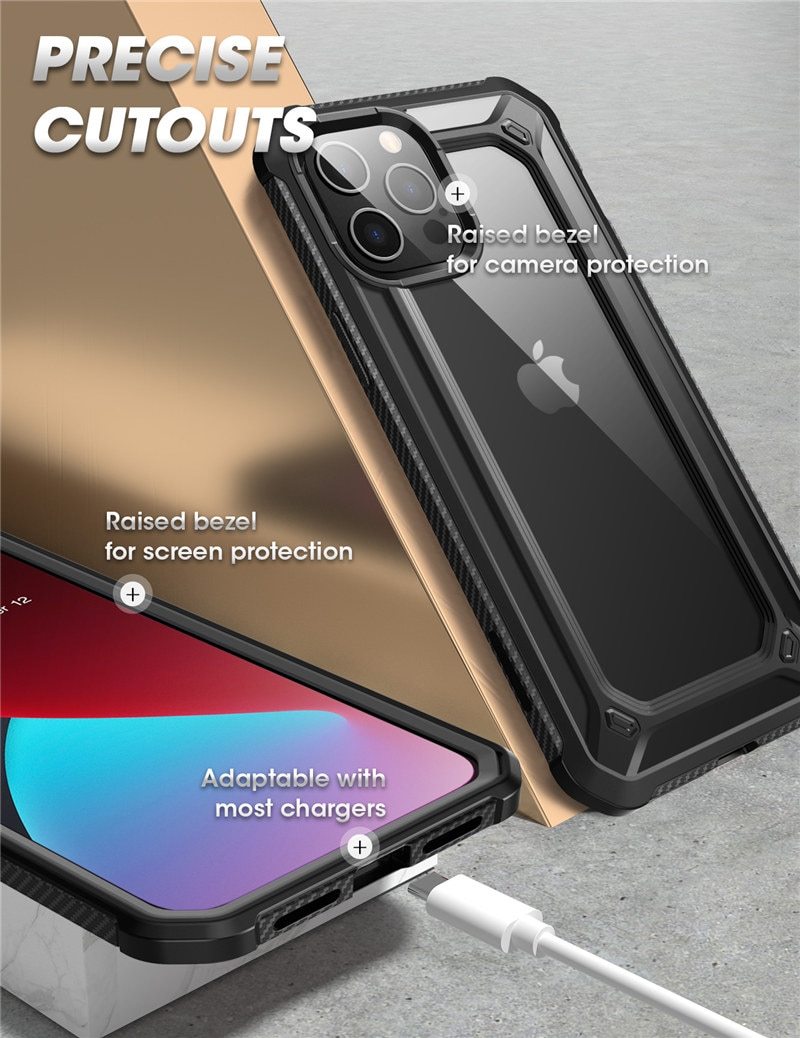 UB EXO Pro Hybrid Clear Case for iPhone 12 Pro Max, showcasing its clear bumper design and built-in screen protector.