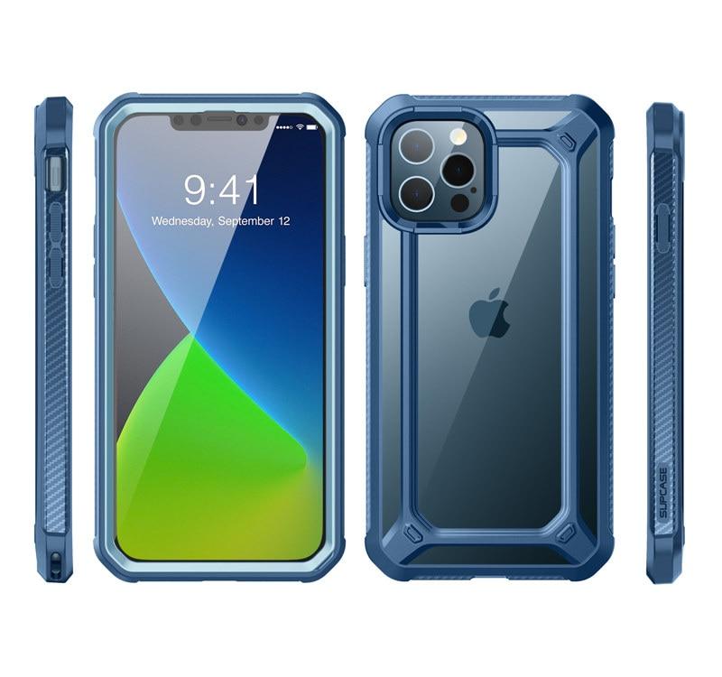 UB EXO Pro Hybrid Clear Case for iPhone 12 Pro Max, showcasing its clear bumper design and built-in screen protector.