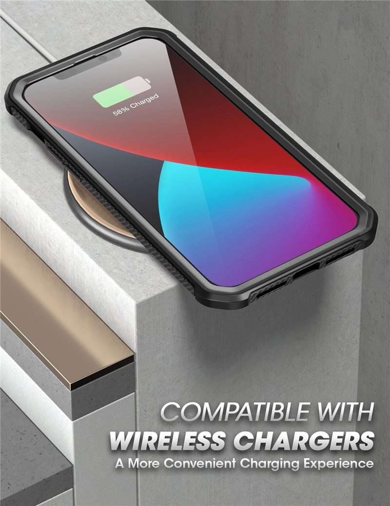 UB EXO Pro Hybrid Clear Case for iPhone 12 Pro Max, showcasing its clear bumper design and built-in screen protector.