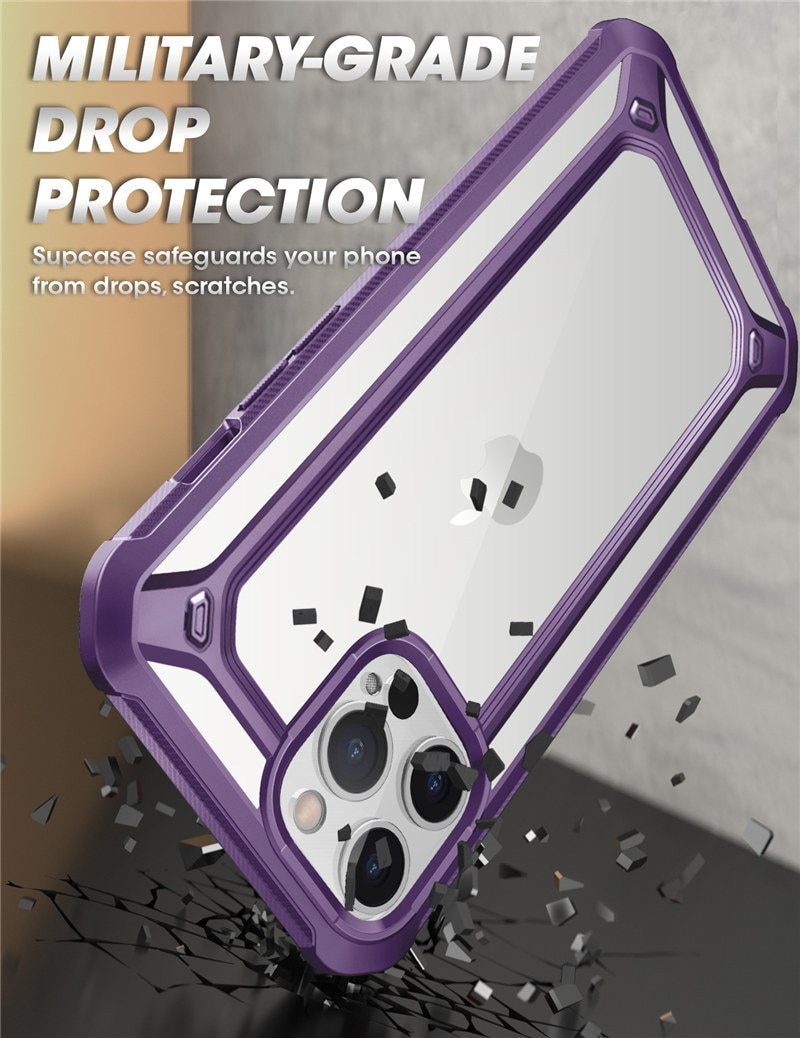 UB EXO Pro Hybrid Clear Case for iPhone 12 Pro Max, showcasing its clear bumper design and built-in screen protector.