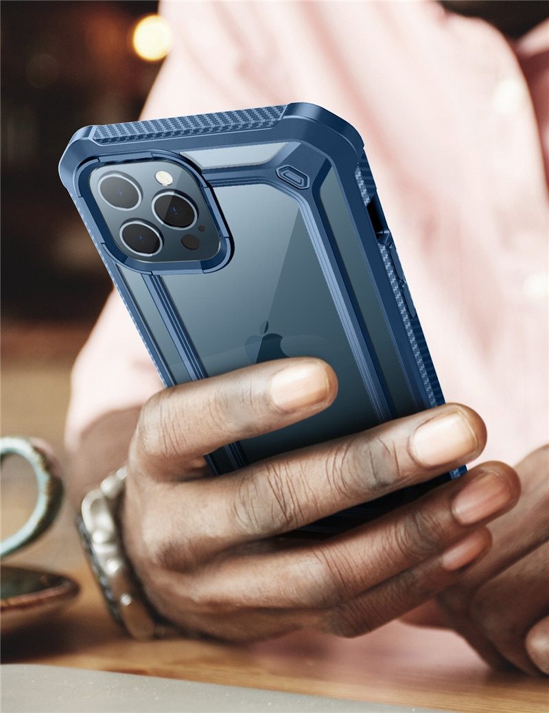 UB EXO Pro Hybrid Clear Case for iPhone 12 Pro Max, showcasing its clear bumper design and built-in screen protector.