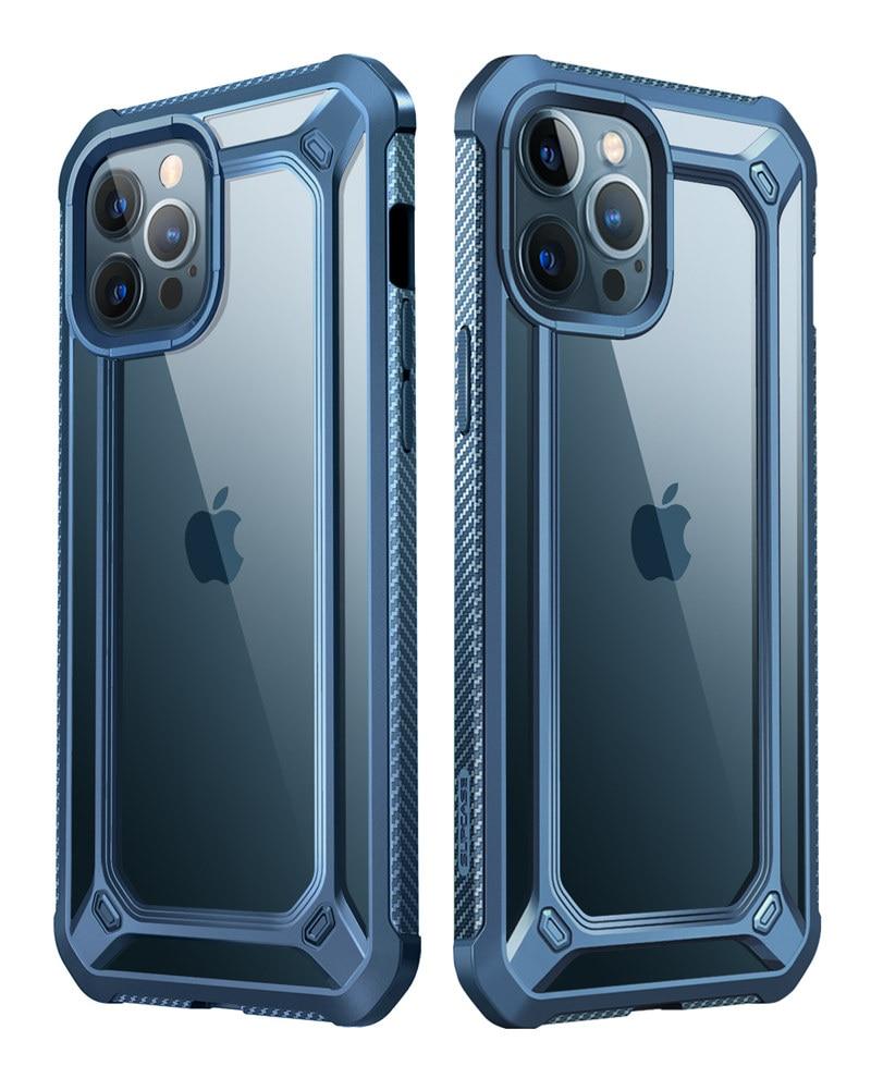 UB EXO Pro Hybrid Clear Case for iPhone 12 Pro Max, showcasing its clear bumper design and built-in screen protector.