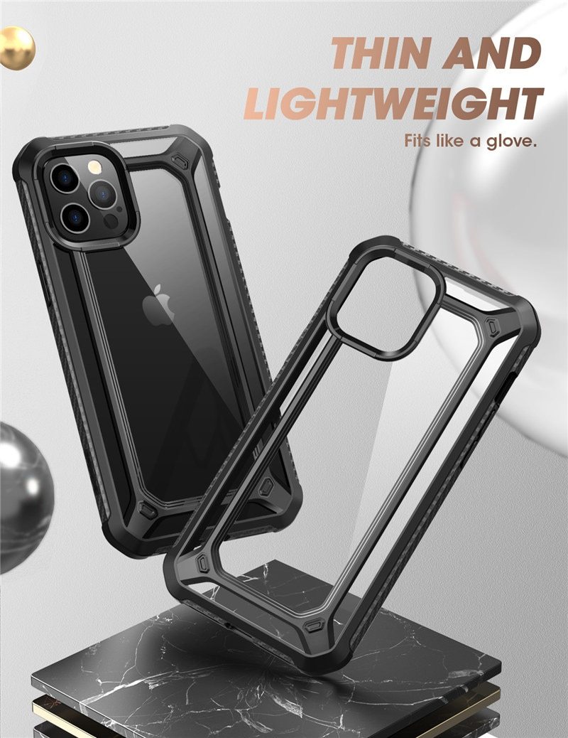 UB EXO Pro Hybrid Clear Case for iPhone 12 Pro Max, showcasing its clear bumper design and built-in screen protector.